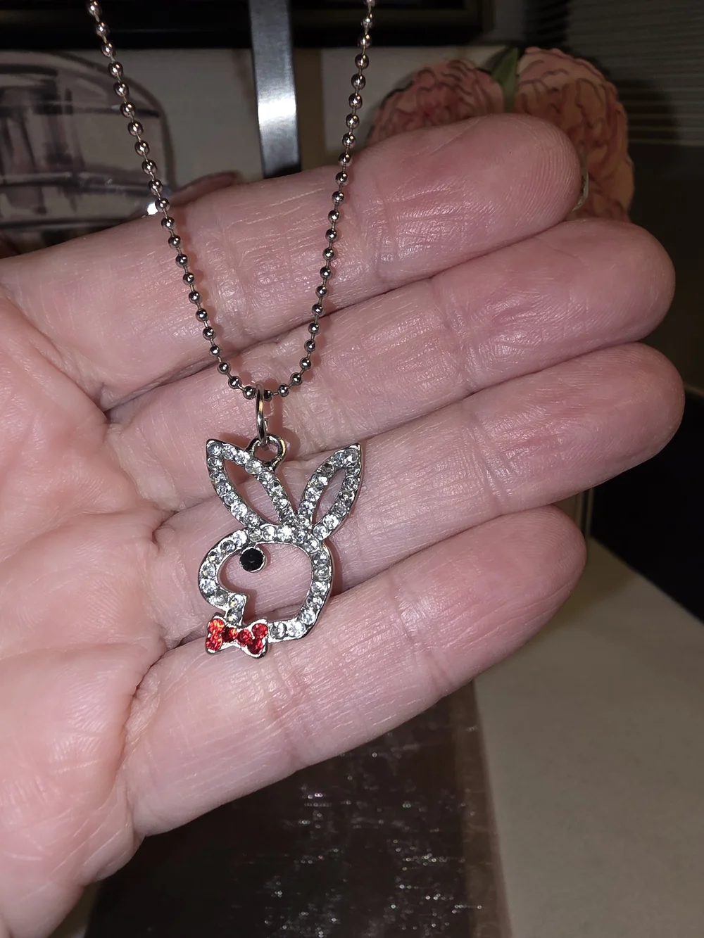 Silver Crystal Bunny Pendant Necklace with Red Bow Accent